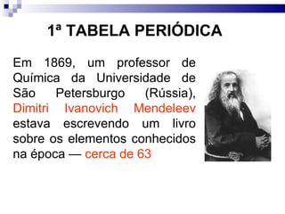 Em 1869, um professor de Química da Universidade de São Petersburgo (Rússia),  Dimitri Ivanovich Mendeleev  estava escrevendo um livro sobre os elementos conhecidos na época —  cerca de 63 1ª TABELA PERIÓDICA 