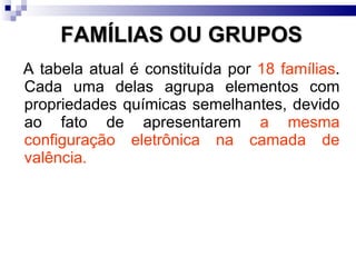 FAMÍLIAS OU GRUPOS A tabela atual é constituída por  18 famílias . Cada uma delas agrupa elementos com propriedades químicas semelhantes, devido ao fato de apresentarem  a mesma configuração eletrônica na camada de valência. 