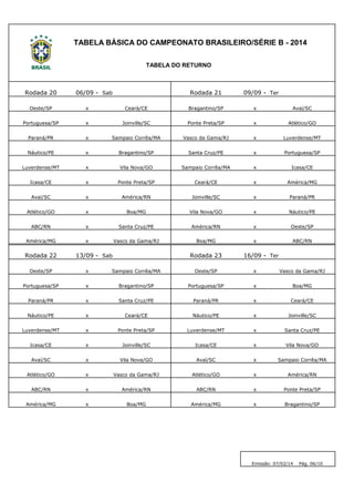 Rodada 20 
06/09 - 
Sab 
Rodada 21 
09/09 - 
Ter 
Oeste/SP 
x 
Ceará/CE 
Bragantino/SP 
x 
Avaí/SC 
Portuguesa/SP 
x 
Joinville/SC 
Ponte Preta/SP 
x 
Atlético/GO 
Paraná/PR 
x 
Sampaio Corrêa/MA 
Vasco da Gama/RJ 
x 
Luverdense/MT 
Náutico/PE 
x 
Bragantino/SP 
Santa Cruz/PE 
x 
Portuguesa/SP 
Luverdense/MT 
x 
Vila Nova/GO 
Sampaio Corrêa/MA 
x 
Icasa/CE 
Icasa/CE 
x 
Ponte Preta/SP 
Ceará/CE 
x 
América/MG 
Avaí/SC 
x 
América/RN 
Joinville/SC 
x 
Paraná/PR 
Atlético/GO 
x 
Boa/MG 
Vila Nova/GO 
x 
Náutico/PE 
ABC/RN 
x 
Santa Cruz/PE 
América/RN 
x 
Oeste/SP 
América/MG 
x 
Vasco da Gama/RJ 
Boa/MG 
x 
ABC/RN 
Rodada 22 
13/09 - 
Sab 
Rodada 23 
16/09 - 
Ter 
Oeste/SP 
x 
Sampaio Corrêa/MA 
Oeste/SP 
x 
Vasco da Gama/RJ 
Portuguesa/SP 
x 
Bragantino/SP 
Portuguesa/SP 
x 
Boa/MG 
Paraná/PR 
x 
Santa Cruz/PE 
Paraná/PR 
x 
Ceará/CE 
Náutico/PE 
x 
Ceará/CE 
Náutico/PE 
x 
Joinville/SC 
Luverdense/MT 
x 
Ponte Preta/SP 
Luverdense/MT 
x 
Santa Cruz/PE 
Icasa/CE 
x 
Joinville/SC 
Icasa/CE 
x 
Vila Nova/GO 
Avaí/SC 
x 
Vila Nova/GO 
Avaí/SC 
x 
Sampaio Corrêa/MA 
Atlético/GO 
x 
Vasco da Gama/RJ 
Atlético/GO 
x 
América/RN 
ABC/RN 
x 
América/RN 
ABC/RN 
x 
Ponte Preta/SP 
América/MG 
x 
Boa/MG 
América/MG 
x 
Bragantino/SP 
TABELA BÁSICA DO CAMPEONATO BRASILEIRO/SÉRIE B - 2014 
TABELA DO RETURNO 
Emissão: 07/02/14 Pág. 06/10  