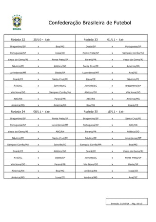 Rodada 32 
25/10 - 
Sab 
Rodada 33 
01/11 - 
Sab 
Bragantino/SP 
x 
Boa/MG 
Oeste/SP 
x 
Portuguesa/SP 
Portuguesa/SP 
x 
Icasa/CE 
Ponte Preta/SP 
x 
Sampaio Corrêa/MA 
Vasco da Gama/RJ 
x 
Ponte Preta/SP 
Paraná/PR 
x 
Vasco da Gama/RJ 
Náutico/PE 
x 
Atlético/GO 
Santa Cruz/PE 
x 
América/RN 
Luverdense/MT 
x 
Oeste/SP 
Luverdense/MT 
x 
Avaí/SC 
Ceará/CE 
x 
Santa Cruz/PE 
Icasa/CE 
x 
Náutico/PE 
Avaí/SC 
x 
Joinville/SC 
Joinville/SC 
x 
Bragantino/SP 
Vila Nova/GO 
x 
Sampaio Corrêa/MA 
Atlético/GO 
x 
Vila Nova/GO 
ABC/RN 
x 
Paraná/PR 
ABC/RN 
x 
América/MG 
América/MG 
x 
América/RN 
Boa/MG 
x 
Ceará/CE 
Rodada 34 
08/11 - 
Sab 
Rodada 35 
15/11 - 
Sab 
Bragantino/SP 
x 
Ponte Preta/SP 
Bragantino/SP 
x 
Santa Cruz/PE 
Portuguesa/SP 
x 
Luverdense/MT 
Portuguesa/SP 
x 
ABC/RN 
Vasco da Gama/RJ 
x 
ABC/RN 
Paraná/PR 
x 
Atlético/GO 
Náutico/PE 
x 
Santa Cruz/PE 
Náutico/PE 
x 
Luverdense/MT 
Sampaio Corrêa/MA 
x 
Joinville/SC 
Sampaio Corrêa/MA 
x 
Boa/MG 
Ceará/CE 
x 
Atlético/GO 
Ceará/CE 
x 
Vasco da Gama/RJ 
Avaí/SC 
x 
Oeste/SP 
Joinville/SC 
x 
Ponte Preta/SP 
Vila Nova/GO 
x 
Paraná/PR 
Vila Nova/GO 
x 
Oeste/SP 
América/RN 
x 
Boa/MG 
América/RN 
x 
Icasa/CE 
América/MG 
x 
Icasa/CE 
América/MG 
x 
Avaí/SC 
Confederação Brasileira de Futebol 
Emissão: 07/02/14 Pág. 09/10  