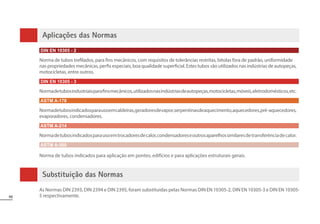 98
Aplicações das Normas
As Normas DIN 2393, DIN 2394 e DIN 2395, foram substituídas pelas Normas DIN EN 10305-2, DIN EN 10305-3 e DIN EN 10305-
5 respectivamente.
Substituição das Normas
DIN EN 10305 - 2
Norma de tubos trefilados, para fins mecânicos, com requisitos de tolerâncias restritas, bitolas fora de padrão, uniformidade
nas propriedades mecânicas, perfis especiais, boa qualidade superficial. Estes tubos são utilizados nas indústrias de autopeças,
motocicletas, entre outros.
DIN EN 10305 - 3
Normadetubosindustriaisparafinsmecânicos,utilizadosnasindústriasdeautopeças,motocicletas,móveis,eletrodomésticos,etc.
ASTM A-178
Normadetubosindicadosparausoemcaldeiras,geradoresdevapor,serpentinasdeaquecimento,aquecedores,pré-aquecedores,
evaporadores, condensadores.
ASTM A-214
Normadetubosindicadosparausoemtrocadoresdecalor,condensadoreseoutrosaparelhossimilaresdetransferênciadecalor.
ASTM A-500
Norma de tubos indicados para aplicação em pontes, edifícios e para aplicações estruturais gerais.
 