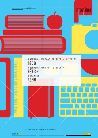 INFOGRÁFICO
<1> direção de arte + animação do infográfico.
- ANIMADO <DIREÇÃO DE ARTE - 3 TELAS>
R$950
- ANIMADO <PRONTO - 3 TELAS>
R$1.550
- ESTÁTICO
R$500
1
14
 