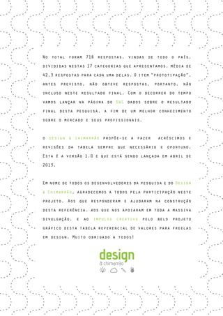 No total foram 718 respostas, vindas de todo o país,
divididas nestas 17 categorias que apresentamos, média de
42,3 respostas para cada uma delas. O item “prototipação”,
antes previsto, não obteve respostas, portanto, não
incluso neste resultado final. Com o decorrer do tempo
vamos lançar na página do D&C dados sobre o resultado
final desta pesquisa, a fim de um melhor conhecimento
sobre o mercado e seus profissionais.
o design & chimarrão propõe-se a fazer acréscimos e
revisões da tabela sempre que necessário e oportuno.
Esta é a versão 1.0 e que está sendo lançada em abril de
2013.
Em nome de todos os desenvolvedores da pesquisa e do Design
& Chimarrão, agradecemos a todos pela participação neste
projeto. Aos que responderam e ajudaram na construção
desta referência. aos que nos apoiaram em toda a massiva
divulgação, e ao impulso creativo pelo belo projeto
gráfico desta tabela referencial de valores para freelas
em design. Muito obrigado a todos!
 