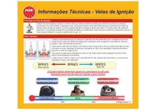 Informações Técnicas - Velas de Ignição
A função da Vela de Ignição
            A função da vela de ignição é conduzir a corrente elétrica de maneira totalmente isolada para o interior da câmara de combustão
            convertendo-a em uma centelha, assegurando assim, uma queima ideal da mistura ar/combustível para a locomoção do veículo. No
            entanto, apesar de parecer simples, as velas de ignição agregam tecnologia de ponta, que evolui e se soﬁstica junto com a indústria
            automotiva. O seu perfeito desempenho está diretamente ligado ao rendimento do motor, níveis de consumo de combustível, maior ou a
            menor carga de poluentes nos gases expelidos pelo escape, etc.

Grau Térmico
                                 O motor em funcionamento gera na câmara de combustão uma alta temperatura que é dissipada em forma de
                                 energia térmica, parte pelo sistema de refrigeração e parte pelas velas de ignição. A capacidade de absorver e
                                 dissipar o calor é denominada grau térmico.
                                 Como existem vários tipos de motores com maior ou menor carga térmica são necessários vários tipos de velas
                                 com maior ou menor capacidade de absorção e dissipação de calor. Esta capacidade é indicada pelo número
                                 presente no centro do código da vela.
                                 Este número é proporcional a dissipação de calor da vela, maior número maior dissipação (vela fria), menor
                                 número menor dissipação (vela quente).
                                 O valor do Grau Térmico é especíﬁco de cada fabricante de vela, portanto não recomenda-se a conversão por
                                 equivalência de tipos entre fabricantes.

                BPR5ES                                 BPR6ES                                   BPR7ES
                Mais quente                                                                      Mais frio
                           O quadro abaixo demonstra quais as consequencias de uma
                              aplicação incorreta de vela em relação a grau térmico

               Grau Térmico correto = 5                  Grau Térmico correto = 5                 Grau Térmico correto = 7
               Instalada Grau Térmico = 7                Instalada Grau Térmico = 5               Instalada Grau Térmico = 5




                 CARBONIZAÇÃO                                     IDEAL                            SUPERAQUECIMENTO
                                              450                                         850                               Temperatura ºC
 