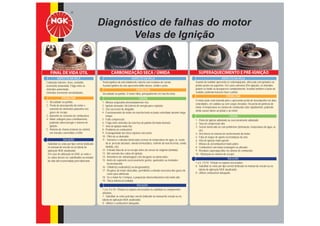Diagnóstico de falhas do motor
                                                         Velas de Ignição


    FINAL DE VIDA ÚTIL                                     CARBONIZAÇÃO SECA / ÚMIDA                                                      SUPERAQUECIMENTO E PRÉ-IGNIÇÃO
           ASPECTO DA VELA                                                       ASPECTO DA VELA                                                                 ASPECTO DA VELA
Coloração marrom, cinza, castanho,                  Ponta ignífera da vela totalmente coberta com resíduos de carvão.                   A ponta do isolador apresenta-se esbranquiçada, vitriﬁcada com grânulos ou
levemente amarelada. Folga entre os                 A ponta ignífera da vela apresenta brilho oleoso, úmido e preto.                    pontos pretos na superfície. Em casos extremos (Pré-ignição), os eletrodos
eletrodos aumentada.                                                                PROBLEMA                                            podem se fundir ou desaparecer completamente, levando também a fusão do
Eletrodos levemente arredondados.                                                                                                       isolador, podendo inclusive furar o pistão.
                                                    Diﬁculdade na partida. O motor falha, principalmente em marcha lenta.
                                                                                                                                                                      PROBLEMA
               PROBLEMA                                                                CAUSA
                                                                                                                                        O motor pode estar batendo pino e apresentar perda de desempenho em altas
1 - Diﬁculdade na partida.                         1 - Mistura ar/gasolina demasiadamente rica;
                                                                                                                                        velocidades, em subidas ou com cargas elevadas. Há perda de potência do
2 - Perda de desempenho do motor e                 2 - Ignição atrasada / deﬁciência de energia para a ignição;
                                                                                                                                        motor. A temperatura na câmara de combustão sobe rapidamente, podendo
    aumento de elementos poluentes nos             3 - Uso excessivo do afogador;
                                                                                                                                        ainda causar danos ao pistão e ao motor.
    gases de escape.                               4 - Funcionamento do motor em marcha lenta ou baixa velocidade durante longo
3 - Aumento no consumo de combustível.                 tempo;                                                                                                            CAUSA
4 - Maior voltagem para centelhamento,             5 - Falta compressão;                                                                1 - Ponto de ignição adiantado ou excessivamente adiantado;
    podendo sobrecarregar o sistema de             6 - Folga entre eletrodos da vela fora do padrão (fechada demais);                   2 - Taxa de compressão alta;
    ignição.                                       7 - Vela de ignição muito fria;                                                      3 - Sensor daniﬁcado ou com problemas (detonação, temperatura da água, ar,
5 - Retorno de chama (estouro no coletor)          8 - Problema no combustível;                                                             etc);
    em veículos convertidos a GNV.                 9 - Estanqueidade dos bicos injetores deﬁciente;                                     4 - Deﬁciência no sistema de arrefecimento do motor;
                                                   10 - Filtro de ar obstruído;                                                         5 - Falta de torque de aperto na instalação da vela;
                SOLUÇÃO                            11 - Sensores e válvulas daniﬁcadas (sensor de temperatura de água, ar, vazão        6 - Vela de ignição muito quente;
- Substituir as velas por tipo correto (indicado       do ar, pressão absoluta, válvula termostática, controle da marcha lenta, sonda   7 - Mistura de ar/combustível muito pobre;
  no manual do veículo ou na tabela de                 lambda, etc);                                                                    8 - Combustível com baixa octanagem ou alterado;
  aplicação NGK atualizada).                       12 - Entrada falsa de ar no escape antes do sensor de oxigênio (lambda);             9 - Resíduos superaquecidos na câmara de combustão;
- Em caso de utilização no GNV, as velas e         13 - Má conexão dos cabos de ignição;                                                10 - Obstrução no sistema de escape.
  os cabos devem ser substituídos na metade        14 - Retentores de válvulas/guias com desgaste ou daniﬁcadas;
                                                                                                                                                                          SOLUÇÃO
  da vida útil recomendada pelo fabricante.        15 - Anéis de segmento excessivamente gastos, quebrados ou montados
                                                         incorretamente;                                                                1 a 5, 7,9,10 - Efetuar os reparos necessários.
                                                   16 - Cilindro(s) ovalizado(s) ou desgastado(s);                                      6 - Substituir as velas por tipo correto (indicado no manual do veículo ou na
                                                   17 - Respiros do motor obstruidos, permitindo a entrada excessiva dos gases do           tabela de aplicação NGK atualizada).
                                                         carter para admissão;                                                          8 - Utilizar combustível adequado.
                                                   18 - Se o motor for 2 tempos, a proporção óleo/combustível está muito alta;
                                                   19 - Trinca interna no isolador.
                                                                                    SOLUÇÃO
                                                   1 a 6, 9 a 18 - Efetuar os reparos necessários ou substituir os componentes
                                                   afetados.
                                                   7 - Substituir as velas pelo tipo correto (indicado no manual do veículo ou na
                                                   tabela de aplicação NGK atualizada).
                                                   8 - Utilizar o combustível adequado.
                                                                                                                                                                                                                        2
 