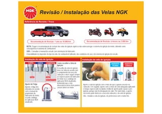 Revisão / Instalação das Velas NGK
Referência de Revisão / Troca




       Recomendação de Revisão: 1 ano ou 10.000 km                                                  Recomendação de Revisão: 6 meses ou 3.000 km

 NOTA: Seguir a recomendação de revisão das velas de ignição signiﬁca não sobrecarregar o sistema de ignição do motor, obtendo como
 consequencia economia de combustível.
 OBS.: Consultar o manual do veículo com orientação do fabricante.
 A durabilidade irá depender do tipo da vela, do combustível utilizado, das condições de uso e do sistema de ignição do veículo.

Instalação da vela de ignição                                                                   Instalação da vela de ignição
    CURTA            CERTA    COMPRIDA                         Como escolher a Vela de                                              ASSENTO            ASSENTO
                                                               Ignição:                                                              PLANO              CÔNICO
                                                               A escolha da vela de ignição
                                                               deve ser feita de acordo com
                                                               o comprimento da rosca do                                                       Com
                                                                                                                                              gaxeta
                                                                                                                                                                 Sem
                                                                                                                                                                gaxeta
                                                               cabeçote e deve seguir sempre
      Sedimentação
       de Resíduos
                             Sedimentação
                              de Resíduos
                                                               as especiﬁcações do fabricante
                             Eletrodo lateral superaquece ou   do motor ou o catálogo de
                                                               aplicação NGK atualizado,
                             encosta no pistão ou na válvula




Ajuste da Folga                                                lembrando que a não
                                                               observância desse item poderá    Aperte a vela de ignição com a mão até que a gaxeta encoste no
Ajustar a folga dos                                            causar danos ao motor.           cabeçote. Em seguida, aperte com a chave de vela adequada aplicando
eletrodos de acordo                                                                             o torque especiﬁcado na tabela. A falta de aperto pode causar a pré-
                                                    Folga


com o manual do                                                                                 ignição, porque não há dissipação de calor. Por outro lado, o aperto
proprietário do                                                                                 excessivo pode daniﬁcar a rosca do cabeçote e da vela de ignição.
fabricante do motor                                                                             Obs.: Instalar a vela de ignição, de preferencia com o motor frio.
ou pelo catálogo
de aplicação NGK
atualizado.
 