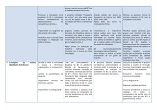 alunos e uso de recursos da BE (nas
                                                                     actividades de Apoio ao estudo).

                                  Promover a articulação entre       O projecto intitulado “Passaporte     Grande adesão dos alunos ao          Reforçar as possíveis formas de
                                  projectos da BE e actividades      de Leitura” tem sido várias vezes     Passaporte de Leitura (em 2009-      articular projectos da BE com as
                                  lectivas, nomeadamente no          um elo de ligação entre a BE e        2010, foram 184).                    actividades curriculares.
                                  desenvolvimento            de      actividades de leitura no âmbito do   Apoio dado aos alunos na
                                  competências de leitura.           PNL.                                  realização das fichas.


                                  Implementar um programa de         Organizo sessões pontuais de           Reconhece-se     a    importância   Planificar acções contínuas para
                                  Literacia da Informação.           formação de utilizadores (alunos e    destas acções, pois, nesta faixa     grupos mais restritos. Este ano,
                                                                     docentes), com todas as turmas –      etária, verifica-se uma grande       tenciono promover oficinas de
                                  Contribuir para o uso das novas    apresentação da BE, localização de    dificuldade em assimilar regras,     formação para alunos do 4ºano e
                                  tecnologias e integração nas       materiais, zonas funcionais, normas   mas admite-se também a urgência      para as turmas que têm Apoio ao
                                  práticas lectivas.                 gerais, regulamentos…)                de se realizar acções contínuas de   Estudo na BE, visando o
                                                                                                           formação de utilizadores.            desenvolvimento das competências
                                                                     Apoio alunos na realização de                                              tecnológicas básicas na Literacia da
                                                                     trabalhos    solicitados   pelas      Os         recursos/equipamentos     Informação.
                                                                     docentes com o recurso às novas       tecnológicos são insuficientes.      Tenciono      também       promover
                                                                     tecnologias.                          Nem sempre os alunos se fazem        acções para as docentes da escola,
                                                                                                           acompanhar de um guião de            numa perspectiva de partilhar
                                                                                                           trabalho.                            experiências e traçar acções
                                                                                                                                                conjuntas nessa área.
 Condições      de     Acesso.   Facultar a todos os utilizadores   Criei em Julho/Setembro a             A disciplina Moodle apresenta        Inscrição na plataforma de alunos e
  Qualidade da Colecção           o    acesso    à   informação,     disciplina da BE na plataforma        variadíssimas potencialidades: as    docentes e sessões de formação;
                                  organizando-a e enriquecendo-      Moodle do Agrupamento e               docentes estão a responder a um      incentivo à participação sistemática
                                  a.                                 tenciono promover formação de         questionário de avaliação de         nas actividades nela propostas.
                                                                     utilizadores, sobretudo para alunos   actividade na BE; os alunos irão
                                  Ampliar as possibilidades de       do 3º e 4ºanos. Nela inseri uma       construir dicionários de autores…    Enriquecer      /construir   novos
                                  pesquisa.                          ferramenta Web designada Diigo                                             recursos e actividades.
                                                                     (apontadores      num      marcador
                                  Disponibilizar recursos       em   social), que será enriquecida por                                          Criar o blogue da BE.
                                  diferentes suportes.               todas as docentes, tendo em conta
                                                                     os currículos e outros interesses.                                         Organizar catálogos temáticos.

                                  Disponibilizar o catálogo da BE.   Neste momento, a pesquisa local                                            Tenciono providenciar o acesso ao
                                                                     existe apenas no computador da                                             catálogo      em      todos      os
                                                                     zona de atendimento e é feita pela                                         computadores da escola (sala de
                                                                     prof. bibliotecária                                                        professores, salas de aula, ATL) e,
                                                                                                                                                posteriormente, online.
 