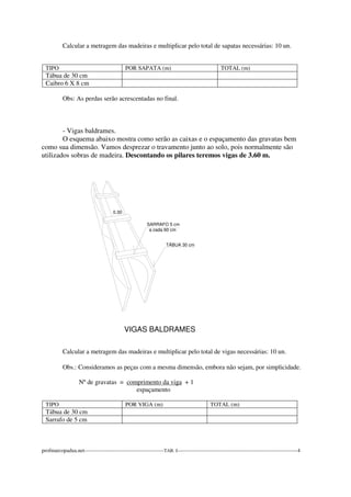 Calcular a metragem das madeiras e multiplicar pelo total de sapatas necessárias: 10 un. 
TIPO POR SAPATA (m) TOTAL (m) 
Tábua de 30 cm 
Caibro 6 X 8 cm 
Obs: As perdas serão acrescentadas no final. 
- Vigas baldrames. 
O esquema abaixo mostra como serão as caixas e o espaçamento das gravatas bem 
como sua dimensão. Vamos desprezar o travamento junto ao solo, pois normalmente são 
utilizados sobras de madeira. Descontando os pilares teremos vigas de 3.60 m. 
SARRAFO 5 cm 
a cada 60 cm 
VIGAS BALDRAMES 
0.30 
TÁBUA 30 cm 
Calcular a metragem das madeiras e multiplicar pelo total de vigas necessárias: 10 un. 
Obs.: Consideramos as peças com a mesma dimensão, embora não sejam, por simplicidade. 
Nº de gravatas = comprimento da viga + 1 
espaçamento 
TIPO POR VIGA (m) TOTAL (m) 
Tábua de 30 cm 
Sarrafo de 5 cm 
profmarcopadua.net---------------------------------------------TAB. I--------------------------------------------------------------------4 
 
