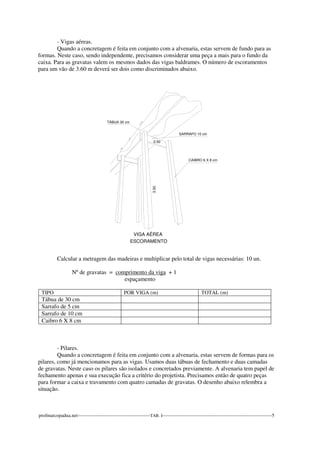 - Vigas aéreas. 
Quando a concretagem é feita em conjunto com a alvenaria, estas servem de fundo para as 
formas. Neste caso, sendo independente, precisamos considerar uma peça a mais para o fundo da 
caixa. Para as gravatas valem os mesmos dados das vigas baldrames. O número de escoramentos 
para um vão de 3.60 m deverá ser dois como discriminados abaixo. 
ESCORAMENTO 
TÁBUA 30 cm 
VIGA AÉREA 
CAIBRO 6 X 8 cm 
3.30 
SARRAFO 10 cm 
0.50 
Calcular a metragem das madeiras e multiplicar pelo total de vigas necessárias: 10 un. 
Nº de gravatas = comprimento da viga + 1 
espaçamento 
TIPO POR VIGA (m) TOTAL (m) 
Tábua de 30 cm 
Sarrafo de 5 cm 
Sarrafo de 10 cm 
Caibro 6 X 8 cm 
- Pilares. 
Quando a concretagem é feita em conjunto com a alvenaria, estas servem de formas para os 
pilares, como já mencionamos para as vigas. Usamos duas tábuas de fechamento e duas camadas 
de gravatas. Neste caso os pilares são isolados e concretados previamente. A alvenaria tem papel de 
fechamento apenas e sua execução fica a critério do projetista. Precisamos então de quatro peças 
para formar a caixa e travamento com quatro camadas de gravatas. O desenho abaixo relembra a 
situação. 
profmarcopadua.net---------------------------------------------TAB. I--------------------------------------------------------------------5 
 
