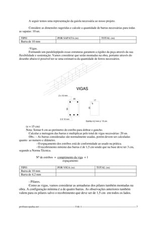 A seguir temos uma representação da gaiola necessária ao nosso projeto. 
Considere as dimensões sugeridas e calcule a quantidade de barras necessárias para todas 
as sapatas: 10 un. 
TIPO POR SAPATA (m) TOTAL (m) 
Barra de 10 mm 
-Vigas. 
Formando um paralelepípedo essas estruturas garantem a rigidez da peça através da sua 
flexibilidade e sustentação. Vamos considerar que serão montadas na obra, portanto através do 
desenho abaixo é possível ter-se uma estimativa da quantidade de ferros necessários. 
2 x 10 mm 
30 
3 X 10 mm 
Estribo 4,2 mm c/ 15 cm 
20 
17 
6 
25 
VIGAS 
(e = 15 cm) 
Nota: Somar 6 cm ao perímetro do estribo para dobrar o gancho. 
Calcular a metragem das barras e multiplicar pelo total de vigas necessárias: 20 un. 
Obs.: - As barras consideradas são normalmente usadas, porém devem ser calculadas 
quanto ao numero e diâmetro. 
- O espaçamento dos estribos está de conformidade ao usado na prática. 
- O recobrimento mínimo das barras é de 1,5 cm sendo que na base deve ter 3 cm, 
segundo a Norma Técnica. 
Nº de estribos = comprimento da viga + 1 
espaçamento 
TIPO POR VIGA (m) TOTAL (m) 
Barra de 10 mm 
Barra de 4,2 mm 
- Pilares. 
Como as vigas, vamos considerar as armaduras dos pilares também montadas na 
obra. A configuração mínima é a de quatro barras. As observações anteriores também 
valem para os pilares salvo o recobrimento que deve ser de 1,5 cm em todos os lados. 
profmarcopadua.net---------------------------------------------TAB. I--------------------------------------------------------------------7 
 