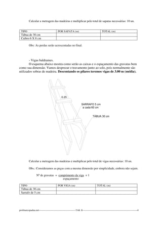 Calcular a metragem das madeiras e multiplicar pelo total de sapatas necessárias: 10 un. 
TIPO POR SAPATA (m) TOTAL (m) 
Tábua de 30 cm 
Caibro 6 X 8 cm 
Obs: As perdas serão acrescentadas no final. 
- Vigas baldrames. 
O esquema abaixo mostra como serão as caixas e o espaçamento das gravatas bem 
como sua dimensão. Vamos desprezar o travamento junto ao solo, pois normalmente são 
utilizados sobras de madeira. Descontando os pilares teremos vigas de 3.00 m (média). 
Calcular a metragem das madeiras e multiplicar pelo total de vigas necessárias: 10 un. 
Obs.: Consideramos as peças com a mesma dimensão por simplicidade, embora não sejam. 
Nº de gravatas = comprimento da viga + 1 
espaçamento 
TIPO POR VIGA (m) TOTAL (m) 
Tábua de 30 cm 
Sarrafo de 5 cm 
profmarcopadua.net---------------------------------------------TAB. II-------------------------------------------------------------------4 
 