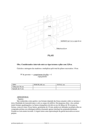 Obs.: Considerando o intervalo entre as vigas teremos o pilar com 3.20 m. 
Calcular a metragem das madeiras e multiplicar pelo total de pilares necessários: 10 un. 
Nº de gravatas = comprimento do pilar + 1 
espaçamento 
TIPO POR PILAR (m) TOTAL (m) 
Tábua de 30 cm 
Sarrafo de 5 cm 
ARMADURAS: 
- Sapatas. 
São conhecidas como gaiola e seu formato depende das forças atuantes sobre as mesmas e 
tem a finalidade de transmitir para o solo as cargas do edifício. Em pequenas obras elas acabam 
tendo formato quadrangular e as barras retangulares devido ao uso de tábuas de 30 cm para as 
formas, como já vimos. Essas barras, geralmente de 10 mm, podem ser dobradas na própria obra ou 
compradas prontas em embalagem plástica bastando apenas entrelaçá-las perpendicularmente 
fixando-as com arame recosido. A seguir temos uma representação da gaiola necessária ao nosso 
projeto. 
profmarcopadua.net---------------------------------------------TAB. II-------------------------------------------------------------------6 
 
