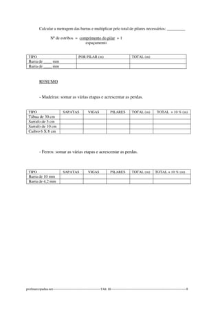 Calcular a metragem das barras e multiplicar pelo total de pilares necessários: _________ 
Nº de estribos = comprimento do pilar + 1 
espaçamento 
TIPO POR PILAR (m) TOTAL (m) 
Barra de ____ mm 
Barra de ____ mm 
RESUMO 
- Madeiras: somar as várias etapas e acrescentar as perdas. 
TIPO SAPATAS VIGAS PILARES TOTAL (m) TOTAL + 10 % (m) 
Tábua de 30 cm 
Sarrafo de 5 cm 
Sarrafo de 10 cm 
Caibro 6 X 8 cm 
- Ferros: somar as várias etapas e acrescentar as perdas. 
TIPO SAPATAS VIGAS PILARES TOTAL (m) TOTAL + 10 % (m) 
Barra de 10 mm 
Barra de 4,2 mm 
profmarcopadua.net-------------------------------------------TAB. III--------------------------------------------------------------------8 
