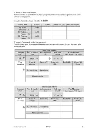 2º passo – Custo dos elementos. 
Vamos calcular as quantidades de peças que preencherão os vãos entre os pilares assim como 
seus custos respectivos. 
Os dados fornecidos foram extraídos do TCPO. 
CONSUMO ÁREA (m2) TOTAL CUSTO unit. (R$) CUSTO total (R$) 
Tij. Barro 
16,80 
148 un/m2 X 
Bl. Cerâmico 
19 un/m2 X 
16,80 
Bl. Concreto 
13 un/m2 X 
16,80 
3º passo – Custo da elevação (assentamento). 
Consideramos neste item as quantidades de materiais necessários para elevar a alvenaria até a 
altura desejada. 
TIJOLO DE BARRO 
Consumo 
(l/m2) 
Área da parede 
(m2) 
Vol. argamassa 
(lts.) 
Vol. traço 
1:0,5:8 
Nº de Masseiras 
(Vol. argam / Vol. traço) 
53 X 
16,80 = 
_º_ 
º 
171 lts. = 
Nº de 
Masseiras 
X 
1 lata de 
cimento 
Sacos (n/2) Preço unit. 
(R$) 
Total (R$) Custo (R$) 
- Somar - 
0,5 lata de cal Sacos (n=n) 
8 latas de areia 
BLOCO CERÂMICO 
Consumo 
(l/m2) 
Área da parede 
(m2) 
Vol. argamassa 
(lts.) 
Vol. traço 
1:0,5:8 
Nº de Masseiras 
(Vol. argam / Vol. traço) 
19 X 
16,80 = 
_º_ 
º 
171 lts. = 
Nº de 
Masseiras 
X 
1 lata de 
cimento 
Sacos (n/2) Preço unit. 
(R$) 
Total (R$) Custo (R$) 
- Somar - 
0,5 lata de cal Sacos (n=n) 
8 latas de areia 
profmarcopadua.net------------------------------------------TAB. IV----------------------------------------------------------------3 
 