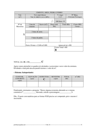 CIMENTO, AREIA, PEDRA E FERRO 
Vol. 
(m3) 
Vol. total (litros) 
Vol. X 1000 X 1,4 (+ 40%) 
V. traço 
1:2:3 
Nº Mass. 
(Vol.total./Vol.traço) 
_º_ 
º 
108 litros = 
Nº de 
Masseiras 
X 
1 lata de 
cimento 
Sacos (n/2) Preço unit. 
(R$) 
Total (R$) Custo (R$) 
- Somar - 
2 latas de areia 
3 latas de pedra 
Ferro 10 mm = 13,80 m X R$ (preço p/ m) = R$ 
Custo Total = R$ 
B 
TOTAL (A + B) = R$_____________ C 
Agora vamos preencher os quadros já calculados e acrescentar o novo valor da estrutura. 
Dividindo o total pela área da parede teremos o valor do m2. 
- Sistema Autoportante: 
CUSTO BL. 
CONCRETO 
copiar 
ELEVAÇÃO 
copiar 
ESTRUTURA 
C 
REVESTIM. 
copiar 
TOTAL 
(R$) 
m2 (R$) 
Finalizando, retornamos a pergunta: “Houve alguma economia alterando-se o sistema 
construtivo?”______________ Havendo, calcule a porcentagem:_____________% 
Obs.: O gasto com madeiras para as formas NÃO precisa ser computado, pois o mesmo é 
inexistente. 
profmarcopadua.net------------------------------------------TAB. IV----------------------------------------------------------------9 
