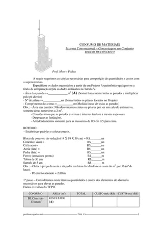 Sistema Convencional – Concretagem em Conjunto 
Prof. Marco Pádua 
CONSUMO DE MATERIAIS 
BLOCOS DE CONCRETO 
A seguir sugerimos as tabelas necessárias para composição de quantidades e custos com 
a superestrutura. 
Especifique os dados necessários a partir de um Projeto Arquitetônico qualquer ou a 
titulo de comparação repita os dados utilizados na Tabela V. 
- Área das paredes =_____________m2 (A) (Somar linearmente todas as paredes e multiplicar 
pelo pé-direito) 
- Nº de pilares =____________un (Somar todos os pilares locados no Projeto) 
- Comprimento das cintas =___________m (Medida linear de todas as paredes) 
Obs.: - Área das paredes: Não descontamos cintas ou pilares por ser um calculo estimativo, 
somente áreas superiores a 2 m2. 
- Consideramos que as paredes externas e internas tenham a mesma espessura. 
- Desprezar as fundações. 
- Arredondamentos somente para as masseiras de 0,5 em 0,5 para cima. 
ROTEIRO: 
– Estabelecer padrões e coletar preços. 
Bloco de concreto de vedação (14 X 19 X 39 cm) = R$ un 
Cimento (saco) = R$ un 
Cal (saco) = R$ un 
Areia (lata) = R$ un 
Pedra (lata) = R$ un 
Ferros (armadura pronta) R$ m 
Tabua de 30 cm R$_______m 
Sarrafo de 5 cm R$_______m 
Obs.: - Obter o preço da areia e da pedra em latas dividindo-se o custo do m3 por 56 (nº de 
latas). 
- Pé-direito adotado = 2,80 m 
1º passo – Consideramos neste item as quantidades e custos dos elementos de alvenaria 
necessários para elevar as paredes. 
Dados extraídos do TCPO. 
CONSUMO ÁREA (m2) TOTAL CUSTO unit. (R$) CUSTO total (R$) 
Bl. Concreto 
13 un/m2 
RESULTADO 
(A) 
profmarcopadua.net------------------------------------------TAB. VI----------------------------------------------------------------1 
 