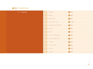 13
PROMOCIONAL
9 . 1 >> DIVERSOS 9 . 1 . 4 1 MEDALHA 400
9 . 1 . 4 2 MÓBILE 850
9 . 1 . 4 3 MOUSE PAD 650
9 . 1 . 4 4 OUTDOOR (32 folhas) 1.200
9 . 1 . 4 5 PASSADOR DE GÔNDOLA 500
9 . 1 . 4 6 POSTAL 950
9 . 1 . 4 7 RÉGUA 400
9 . 1 . 4 8 RISQUE E RABISQUE 400
9 . 1 . 4 9 SELO COMEMORATIVO 600
9 . 1 . 5 0 TAPUME 500
9 . 1 . 5 1 TICKET aÉREO 850
9 . 1 . 5 2 TOALHA 400
9 . 1 . 5 3 VISEIRA 350
99
 