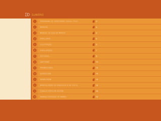 2
Sumário
Progr ama de Identidade Visual (PIV)	 3
MarcaS 	 4
Manual de uso de marca 	 4
PAPELARIA 	 5
Ilustr ação 	 6
Sinalização 	 7
Editorial 	 8
Uniforme 	 10
Promocional 	 10
WEBdesign 	 14
EMBALAGEM 	 15
MANIPULAÇÃO de arquivos e de texto 	 15
consultoria em design 	 16
Naming (criação de nome) 	 16
1
7
3
9
5
11
13
2
8
4
10
6
12
14
 