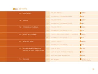 7

Editorial
5.800

Editoração e finalização

7.9.1

Projeto gráfico
Editoração e finalização

7.10.1

Projeto gráfico, editoração e finalização

4.200

Editoração e finalização

120

7.11.1

Projeto gráfico
Editoração e finalização

7.12.1

Liv r o d e t e x t o

7.12.2

Liv r o d e t e x t o , g r á f i c o s e f i g u r a s

800

7.12.3

7 . 1 2 >> Reconstrução de arquivos

Projeto gráfico

7.11.2

7 . 1 1 >> Relatório anual

7.8.1

7.10.2

7 . 1 0 >> Perfil Institucional

Editoração e finalização

7.9.2

7 . 9 >> Periódico Institucional

Projeto gráfico

7.8.2

7 . 8 >> Revista

7.7.1

7.7.2

7 . 7 >> Livro de arte

R e vi s t a e j o r n a l i n f o r m at iv o

1.100

7.13.1

p o r r e vi s ã o

(por página)

120
5.800

(por página)

80
2.500

(por página)

(por página)

120

8.000

(por página)

180
500

digitais de projetos editoriais

7 . 1 3 >> Emendas

20%

do valor de

editoracão de página

9

 