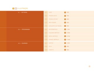 5

Ilustração
5 . 1 >> editorial

700

Página dupla

700

5.1.3

Página inteir a

500

5.1.4

Meia página

300

5.1.5

Um quarto de página

200

5.2.1

Mi c r o e m p r e s a

1.750

5.2.2

Pequena empresa

2.900

5.2.3

Média empresa

5.700

5.2.4

5 . 3 >> diversOs

Capa

5.1.2

5 . 2 >> Personagem

5.1.1

Grande empresa

11.500

5.3.1

C a r ta z

1.000

5.3.2

Selo

350

5.3.3

V i n h e ta

300

6

 