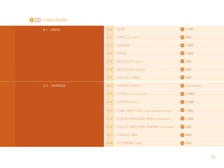 6

Sinalização
1.750

Avi ã o
Carro

6.1.3

Caminhão

1.300

6.1.4

Ô n ib u s

1.500

6.1.5

M o t o c i c l e ta

( tanque)

520

6.1.6

M o t o c i c l e ta

( contêiner)

580

6.1.7

6 . 2 >> diversOs

6.1.1

6.1.2

6 . 1 >> frota

V a n e u t i l i tá r i o

820

6.2.1

Caderno técnico

Sob consulta

6.2.2

Totem

3.000

6.2.3

Letreiro

6.2.4

Painel/Back-light

6.2.5

peça de sinalização média

6.2.6

peça de sinalização pequena

6.2.7

Placa De obra

500

6.2.8

Pictograma

350

800

( por modelo)

( frente e verso, até 10m 2)

2.500

( até 5m 2)

(unidade)

( s omente aplicação da marca)

(direcionamento)

(porta/corredor)

1.200
1.000
500

7

 