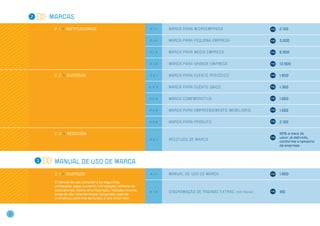 2       MarcaS

             2 . 1 >> InstitucionaIS                            2.1.1   M a r c a pa r a m i c r o emp r e s a                          2.100


                                                                2.1.2   M a r c a pa r a p e q u e n a em p r e s a                     3.500


                                                                2.1.3   M a r c a pa r a m é d i a em p r e s a                         6.950


                                                                2.1.4   M a r c a pa r a gr a n d e em p r e s a                        13.900


             2 . 2 >> diversas                                  2.2.1   M a r c a pa r a e v e n to p e r i ó d i c o                   1.800


                                                                2.2.2   M a r c a pa r a e v e n to Ú n i c o                           1.350


                                                                2.2.3   M a r c a c ome mo r at i v a                                   1.650


                                                                2.2.4   M a r c a pa r a em p r e e n d ime n to im o b i l i á r i o   1.650


                                                                2.2.5   M a r c a pa r a p r o d u to                                   2.100


             2 . 3 >> REDESIGN                                                                                                          50% a mais do
                                                                                                                                        valor já definido,
                                                                2.3.1   R e e s t u d o d e ma r c a
                                                                                                                                        conforme o tamanho
                                                                                                                                        da empresa.



        3    Manual de uso de marca

             3 . 1 >> diversOs                                  3.1.1   Manual de uso de marca                                          1.800

             O manual de uso considera os seguintes
             conteúdos: capa, sumário; introdução; sistema de
             assinaturas; malha de proporção; redução mínima;   3.1.2   Di a gr a ma ç ã o d e pági n a s e x t r a s    (por página)   180
             área de não-interferência; tipografia; padrão
             cromático; controle de fundo; e uso incorreto




6
 