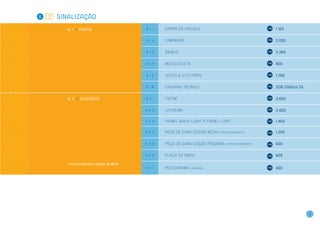 6   Sinalização

       6 . 1 >> frota                    6.1.1   c a r r o d e pa s s e i o                                       1.150


                                         6.1.2   Ca m i n h ã o                                                   2.000


                                         6.1.3   Ônibus                                                           2.350


                                         6.1.4   M oto c i c l e ta                                               800


                                         6.1.5   V e í c u l o u t i l i tá r i o                                 1.250


                                         6.1.6   Ca d e r n o t é c n i c o                                       Sob consulta


       6 . 2 >> diversOs                 6.2.1   Tot em                                                           3.650


                                         6.2.2   Letreiro                                                         3.000


                                         6.2.3   Pa i n e l B a c k - l igh t e f r o n t - l ig h t              1.450


                                         6.2.4   peça de sinalização média                 (direciona mento)      1.200


                                         6.2.5   peça de sinalização pequena                   (porta/corredor)   600


                                         6.2.6   Pl a c a De o b r a                                              600

       Inclui somente o design gráfico
                                         6.2.7   Pi c tog r am a      (unidade)                                   400




                                                                                                                                 9
 