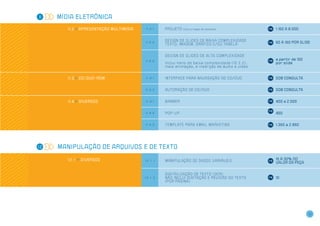 11   Mídia eletrônica

        11.2 >> ApresentaçÃO MULTIMídia   11.2.1   PROJETO      Inclui criação de template.                        1.150 a 8.000


                                                   d e s ign d e s l i d eS d e b a i x a c om p l e x i d a d e
                                          11.2.2                                                                   50 a 150 por slide
                                                   T e x to , im ag em , gr á f i c o e / o u ta b e l a


                                                   d e s ign d e s l i d eS d e ALTA c om p l e x i d a d e
                                          11.2.3
                                                                                                                   a partir de 150
                                                   Inclui itens de baixa complexidade (1 0 . 2 . 2 ),              por slide
                                                   mais animação, e inserção de áudio e vídeo.


        11.3 >> CD/DVD-ROM                11.3.1   I n t e r fa c e pa r a n a v ega ç ã o d o CD/DVD              Sob consulta


                                          11.3.2   a u to r a ç ã o d e CD /DVD                                    Sob consulta


        11.4 >> Diversos                  11.4.1   banner                                                          400 a 2.000


                                          11.4.2   pop-up                                                          450


                                          11.4.3   t emp l at e pa r a em a i l m a r k e t i ng                   1.350 a 2.950




12   MANIPULAÇÃO de arquivos e de texto

        1 2 . 1 >> diversos                                                                                        15 a 30% do
                                          12.1.1   manipulação de dados variáveis
                                                                                                                   valor da peça


                                                   d igi ta l i z a ç ã o d e t e x to (OCR)
                                          12.1.2   Nã o i n c l u i d ig i ta ç ã o e r e v i s ã o d o t e x to   10
                                                   ( p o r pági n a )




                                                                                                                                     19
 