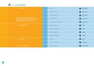 5   Ilustração
         5 . 1 >> editorial                                 5.1.1   Ca pa                        550 a 650


                                                            5.1.2   Pá gi n a d u p l a          650 a 750


                                                            5.1.3   Pá gi n a i n t e i r a      300 a 350

         Valores médios recomendados pela SIB
         (Sociedade dos Ilustradores do Brasil). Inclui a   5.1.4   M e i a pág i n a            300 a 350
         finalização e disponibilização das artes finais
         para reprodução. Fonte: www.sib.org.br
                                                            5.1.5   Um q u a r to d e pági n a   250 a 300


         5 . 2 >> Personagem                                5.2.1   M i c r o emp r e s a        2.100


                                                            5.2.2   Pe q u e n a em p r e s a    3.500


                                                            5.2.3   M é d i a em p r e s a       6.950


                                                            5.2.4   G r a n d e em p r e s a     13.900


         5 . 3 >> diversOs                                  5.3.1   Ca r ta z                    1.200


                                                            5.3.2   S e l o o u v i n h e ta     150 a 900


         *Inclui mapas e diagramas                          5.3.3   i n f og r á f i c o *       250 a 1.500




8
 