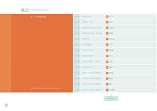 PROMOCIONAL
9 . 1 >> DIVERSOS
Não inclui o projeto do produto em si.
9 . 1 . 1 2 CANETA 220
9 . 1 . 1 3 CANIVETE 220
9 . 1 . 1 4 CARDÁPIO (de até 4 páginas) 1.815
9 . 1 . 1 5 CARTÃO FINAL DE ANO 880
9 . 1 . 1 6 CARTAZ 1.815
9 . 1 . 1 7 CARTAZETE 770
9 . 1 . 1 8 CERTIFICADO 660
9 . 1 . 1 9 CHAVEIRO 220
9 . 1 . 2 0 CINTA PARA LIVROS 275
9 . 1 . 2 1 CINZEIRO 550
9 . 1 . 2 2 CONVITE COM DOBRA 935
9 . 1 . 2 3 CONVITE SEM DOBRA 660
9 . 1 . 2 4 DISPLAY 2D DE MESA 550
9 . 1 . 2 5 DISPLAY 3D DE MESA 1.045
CONT I NUA >>
9
10
 