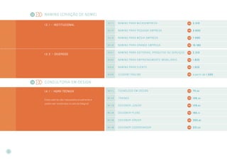 Naming (criação de nome)
1 3 . 1 >> institucional
1 3 . 1 . 1 naming par a microempresa 2.310
13.1 . 2 naming par a pequena empresa 3.830
13.1 . 3 naming par a média empresa 7.590
13.1 . 4 naming par a gr ande empresa 15.180
1 3 . 2 >> diversos
13.2.1 naming par a editorias, produtos ou serviços 2.310
13.2.2 naming par a empreendimento imobiliário 1.825
13.2.3 naming par a evento 1.520
13.2.5 slogan/tagline a partir de 1.500
consultoria em design
1 4 . 1 >> hora técnica
Estes valores são reajustados anualmente e
podem ser conferidos no site da Adegraf.
1 4 . 1 . 1 tecnólogo em design 70,68
1 4 . 1 . 2 tr ainee 106,30
1 4 . 1 . 3 designer júnior 129,60
1 4 . 1 . 4 Designer pleno 185,13
1 4 . 1 . 5 Designer sênior 260,85
1 4 . 1 . 6 Designer coordenador 331,00
13
14
16
 