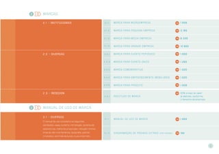 MarcaS
2 . 1 >> InstitucionaIS 2 . 1 . 1 Marca par a microempresa 1.930
2 . 1 . 2 Marca par a pequena empresa 3.190
2 . 1 . 3 Marca par a média empresa 6.330
2 . 1 . 4 Marca par a gr ande empresa 12.650
2 . 2 >> diversas 2 . 2 . 1 Marca par a evento periódico 1.650
2 . 2 . 2 Marca par a evento Único 1.265
2 . 2 . 3 Marca comemor ativa 1.520
2 . 2 . 4 Marca par a empreendimento imobiliário 1.520
2 . 2 . 5 Marca par a produto 1.930
2 . 3 >> REDESIGN
2 . 3 . 1 Reestudo de marca
50% a mais do valor
já definido, conforme
o tamanho da empresa.
Manual de uso de marca
3 . 1 >> diversOs
O manual de uso considera os seguintes
conteúdos: capa, sumário; introdução; sistema de
assinaturas; malha de proporção; redução mínima;
área de não-interferência; tipografia; padrão
cromático; controle de fundo; e uso incorreto
3 . 1 . 1 Manual de uso de marca 1.650
3 . 1 . 2 Diagr amação de páginas extr as (por página) 165
3
2
3
 