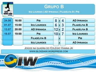 GRUPO B
                   IEQ LOURDES | AD IPIRANGA | FILADÉLFIA B | PIB


24.06   16:00             PIB             8 X     4       AD IPIRANGA
01.07   15:00       IEQ LOURDES           6 X     3       FILADÉLFIA B
13.07   20:00        AD IPIRANGA         12 X     2       FILADÉLFIA B
19.07   19:00             PIB            10 X     7       IEQ LOURDES
                    FILADÉLFIA B              X                PIB
                    IEQ LOURDES               X           AD IPIRANGA

                JOGOS NA QUADRA DO COLÉGIO VIANNA JR
                   WWW.BLOGDAIW.WORDPRESS.COM
 