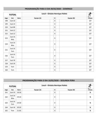 PROGRAMAÇÃO PARA O DIA 09/02/2020 – DOMINGO
FUTSAL Local – Ginásio Henrique Holetz
Jogo Cat. Hora Equipe [A] X Equipe [B] Chave
148 Sub 10 X S/F
149 Sub 14 X S/F
150 Sub 08 X S/F
151 Sub 12 X S/F
152 Sub 12 X S/F
153
Sub 16
Mas
X S/F
154
Sub 16
Mas
X S/F
155
Sub 16
Fem
X S/F
156
Sub 16
Fem
X S/F
157 Sub 18 X S/F
158 Sub 18 X S/F
159 Fem X S/F
160 Fem X S/F
PROGRAMAÇÃO PARA O DIA 10/02/2020 – SEGUNDA FEIRA
FUTSAL Local – Ginásio Henrique Holetz
Jogo Cat. Hora Equipe [A] X Equipe [B] Chave
161 Sub 10 18:30 X ¾
162
Sub 16
Mas
19:10 X ¾
163
Sub 16
Fem
19:50 X ¾
164 Sub 18 20:20 X ¾
165 Fem 21:05 X ¾
 