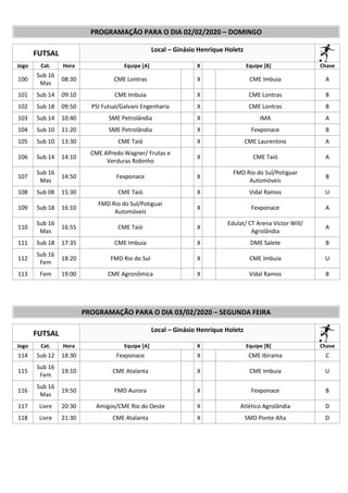 PROGRAMAÇÃO PARA O DIA 02/02/2020 – DOMINGO
FUTSAL Local – Ginásio Henrique Holetz
Jogo Cat. Hora Equipe [A] X Equipe [B] Chave
100
Sub 16
Mas
08:30 CME Lontras X CME Imbuia A
101 Sub 14 09:10 CME Imbuia X CME Lontras B
102 Sub 18 09:50 PSI Futsal/Galvani Engenharia X CME Lontras B
103 Sub 14 10:40 SME Petrolândia X IMA A
104 Sub 10 11:20 SME Petrolândia X Fexponace B
105 Sub 10 13:30 CME Taió X CME Laurentino A
106 Sub 14 14:10
CME Alfredo Wagner/ Frutas e
Verduras Robinho
X CME Taió A
107
Sub 16
Mas
14:50 Fexponace X
FMD Rio do Sul/Potiguar
Automóveis
B
108 Sub 08 15:30 CME Taió X Vidal Ramos U
109 Sub 18 16:10
FMD Rio do Sul/Potiguar
Automóveis
X Fexponace A
110
Sub 16
Mas
16:55 CME Taió X
Edulat/ CT Arena Victor Will/
Agrolândia
A
111 Sub 18 17:35 CME Imbuia X DME Salete B
112
Sub 16
Fem
18:20 FMD Rio do Sul X CME Imbuia U
113 Fem 19:00 CME Agronômica X Vidal Ramos B
PROGRAMAÇÃO PARA O DIA 03/02/2020 – SEGUNDA FEIRA
FUTSAL Local – Ginásio Henrique Holetz
Jogo Cat. Hora Equipe [A] X Equipe [B] Chave
114 Sub 12 18:30 Fexponace X CME Ibirama C
115
Sub 16
Fem
19:10 CME Atalanta X CME Imbuia U
116
Sub 16
Mas
19:50 FMD Aurora X Fexponace B
117 Livre 20:30 Amigos/CME Rio do Oeste X Atlético Agrolândia D
118 Livre 21:30 CME Atalanta X SMD Ponte Alta D
 