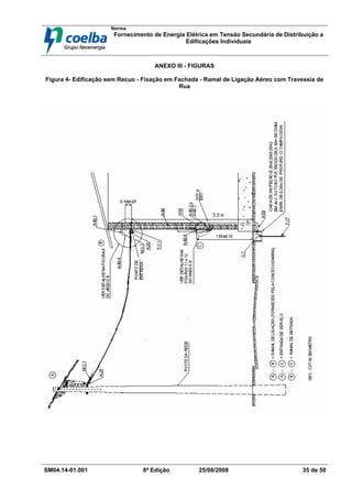 Norma
Fornecimento de Energia Elétrica em Tensão Secundária de Distribuição a
Edificações Individuais
SM04.14-01.001 8ª Edição 25/08/2008 35 de 50
ANEXO III - FIGURAS
Figura 4- Edificação sem Recuo - Fixação em Fachada - Ramal de Ligação Aéreo com Travessia de
Rua
 