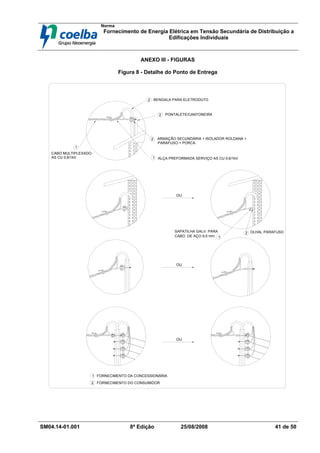 Norma
Fornecimento de Energia Elétrica em Tensão Secundária de Distribuição a
Edificações Individuais
SM04.14-01.001 8ª Edição 25/08/2008 41 de 50
ANEXO III - FIGURAS
Figura 8 - Detalhe do Ponto de Entrega
FORNECIMENTO DA CONCESSIONÁRIA
FORNECIMENTO DO CONSUMIDOR
2
1
OU
OU
1
1
OU
1
2
2
2
2
ALÇA PREFORMADA SERVIÇO AS CU 0,6/1kV
PARAFUSO + PORCA
ARMAÇÃO SECUNDÁRIA + ISOLADOR ROLDANA +
BENGALA PARA ELETRODUTO
PONTALETE/CANTONEIRA
CABO MULTIPLEXADO
AS CU 0,6/1kV
SAPATILHA GALV. PARA
CABO DE AÇO 9,5 mm
OLHAL PARAFUSO
 