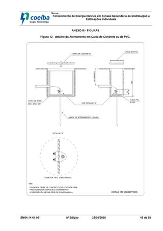 Norma
Fornecimento de Energia Elétrica em Tensão Secundária de Distribuição a
Edificações Individuais
SM04.14-01.001 8ª Edição 25/08/2008 45 de 50
ANEXO III - FIGURAS
Figura 12 - detalhe do Aterramento em Caixa de Concreto ou de PVC.
COTAS EM MILÍMETROS
CAIXA DE ATER.
VER DETALHE "A"
CONETOR TIPO (CABO-HASTE)
DETALHE "A"
TUBO PVC
Ø 150
TAMPA DE CONCRETO
CAPUZ EM PVC
200 x 200 x 300
300
HASTE DE ATERRAMENTO 16x2400
OBS:
- QUANDO A CAIXA DE CONCRETO FOR UTILIZADA PARA
PASSAGEM OU PASSAGEM E ATERRAMENTO
A DIMENSÃO DA MESMA SERÁ DE 300x300x400mm.
70
100
(MÍNIMO)
 