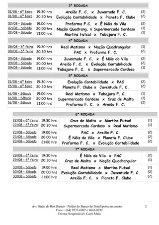 3ª RODADA
01/08 – 6ª feira
01/08 – 6ª feira
19:30 hrs
20:30 hrs
Areião F. C. x Juventude F. C.
Evolução Contabilidade x Planeta F. Clube
(2)
(2)
02/08 – Sábado
02/08 – Sábado
02/08 – Sábado
19:00 hrs
20:00 hrs
21:00 hrs
Profarma F.C. x É Nóis do Vila
Nação Quadrang. x Supermercado Cardoso
Martins Futsal x Tabajara F. C.
(2)
(1)
(1)
4ª RODADA
08/08 – 6ª feira
08/08 – 6ª feira
19:30 hrs
20:30 hrs
Real Matismo x Nação Quadrangular
PAC x Profarma F. C.
(1)
(2)
09/08 – Sábado
09/08 – Sábado
09/08 – Sábado
19:00 hrs
20:00 hrs
21:00 hrs
Juventude F. C. x É Nóis do Vila
Areião F. C. x Evolução Contabilidade
Tabajara F. C. x Supermercado Cardoso
(2)
(2)
(1)
5ª RODADA
15/08 – 6ª feira
15/08 – 6ª feira
19:30 hrs
20:30 hrs
Evolução Contabilidade x PAC
Planeta F. Clube x Juventude F. C.
(2)
(2)
16/08 – Sábado
16/08 – Sábado
16/08 – Sábado
19:00 hrs
20:00 hrs
21:00 hrs
Real Matismo x Tabajara F. C.
Supermercado Cardoso x Cruz de Malta
Profarma F. C. x Areião F. C.
(1)
(1)
(2)
6ª RODADA
22/08 – 6ª feira
22/08 – 6ª feira
19:30 hrs
20:30 hrs
Cruz de Malta x Martins Futsal
Supermercado Cardoso x Real Matismo
(1)
(1)
23/08 – Sábado
23/08 – Sábado
23/08 – Sábado
19:00 hrs
20:00 hrs
21:00 hrs
PAC x Areião F. C.
É Nóis do Vila x Planeta F. Clube
Profarma F. C. x Evolução Contabilidade
(2)
(2)
(2)
7ª RODADA
29/08 – 6ª feira
29/08 – 6ª feira
19:30 hrs
20:30 hrs
É Nóis do Vila x PAC
Cruz de Malta x Nação Quadrangular
(2)
(1)
30/08 – Sábado
30/08 – Sábado
30/08 – Sábado
19:00 hrs
20:00 hrs
21:00 hrs
Real Matismo x Martins Futsal
Evolução Contabilidade x Juventude F. C.
Areião F. C. x Planeta F. Clube
(1)
(2)
(2)
Av: Barão do Rio Branco - Prédio do Banco do Brasil/porta em anexo
Fone – (64) 9237-6902 e 9641-8282
Diretor Responsável: Cairo Maia
2
 
