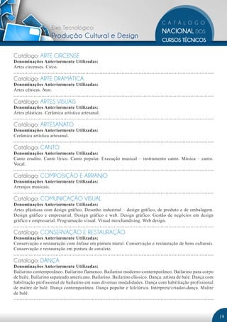 Eixo Tecnológico: 
Produção Cultural e Design 
Catálogo: ARTE CIRCENSE 
Denominações Anteriormente Utilizadas: 
Artes circenses. Circo. 
Catálogo: ARTE DRAMÁTICA 
Denominações Anteriormente Utilizadas: 
Artes cênicas. Ator. 
Catálogo: ARTES VISUAIS 
Denominações Anteriormente Utilizadas: 
Artes plásticas. Cerâmica artística artesanal. 
Catálogo: ARTESANATO 
Denominações Anteriormente Utilizadas: 
Cerâmica artística artesanal. 
Catálogo: CANTO 
Denominações Anteriormente Utilizadas: 
Canto erudito. Canto lírico. Canto popular. Execução musical – instrumento canto. Música – canto. 
Vocal. 
Catálogo: COMPOSIÇÃO E ARRANJO 
Denominações Anteriormente Utilizadas: 
Arranjos musicais. 
Catálogo: COMUNICAÇÃO VISUAL 
Denominações Anteriormente Utilizadas: 
Artes plásticas com design gráfico. Desenho industrial – design gráfico, de produto e de embalagem. 
Design gráfico e empresarial. Design gráfico e web. Design gráfico. Gestão de negócios em design 
gráfico e empresarial. Programação visual. Visual merchandising. Web design. 
Catálogo: CONSERVAÇÃO E RESTAURAÇÃO 
Denominações Anteriormente Utilizadas: 
Conservação e restauração com ênfase em pintura mural. Conservação e restauração de bens culturais. 
Conservação e restauração em pintura de cavalete. 
Catálogo: DANÇA 
Denominações Anteriormente Utilizadas: 
Bailarino contemporâneo. Bailarino flamenco. Bailarino moderno-contemporâneo. Bailarino para corpo 
de baile. Bailarino sapateado americano. Bailarino. Bailarino clássico. Dança: artista de balé. Dança com 
habilitação profissional de bailarino em suas diversas modalidades. Dança com habilitação profissional 
de maître de balé. Dança contemporânea. Dança popular e folclórica. Intérprete/criador-dança. Maître 
de balé. 
19 
 