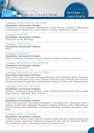 Eixo Tecnológico: 
Produção Cultural e Design 
Catálogo: MODELAGEM DO VESTUÁRIO 
Denominações Anteriormente Utilizadas: 
Confecção de vestuário/modelagem. Modelagem de vestuário feminino e masculino. Modelagem de 
vestuário feminino. Modelista de vestuário feminino e masculino. Modelista de vestuário. 
Catálogo: MULTIMÍDIA 
Denominações Anteriormente Utilizadas: 
Design gráfico e web. Web design. 
Catálogo: MUSEOLOGIA 
Denominações Anteriormente Utilizadas: 
Museu. 
Catálogo: PAISAGISMO 
Denominações Anteriormente Utilizadas: 
Design de paisagismo. Design floral. Design paisagístico. Designer de interiores e paisagismo. 
Catálogo: PROCESSOS FONOGRÁFICOS 
Denominações Anteriormente Utilizadas: 
Gravação. Gravação musical. 
Catálogo: PRODUÇÃO DE ÁUDIO E VÍDEO 
Denominações Anteriormente Utilizadas: 
Áudio e vídeo. Áudio visual. Audiovisual/pesquisador audiovisual. Audiovisual/repórter cinematográ-fico. 
Audiovisual/sonoplasta. Audiovisual. Cinegrafia. Edição de imagem. Produção audiovisual/coor-denador 
de produção. Produção audiovisual/pesquisador. Produção em áudio visual. Vídeo profissional. 
Catálogo: PRODUÇÃO DE MODA 
Denominações Anteriormente Utilizadas: 
Estilismo e coordenação de moda. Estilismo e moda. Estilismo. Estilismo de moda. Estilista e moda. 
Imagem pessoal – moda. Moda. Moda e estilismo. 
Catálogo: PUBLICIDADE 
Denominações Anteriormente Utilizadas: 
Comunicação empresarial. Comunicação mercadológica. Comunicação social. Comunicação. Criação e 
produção em publicidade e propaganda. Propaganda e marketing. Produção executiva. Publicidade com 
ênfase em design gráfico. Publicidade e comunicação. Publicidade e marketing. Publicidade e propa-ganda. 
Catálogo: RÁDIO E TELEVISÃO 
Denominações Anteriormente Utilizadas: 
Comunicação com ênfase em rádio e televisão. Criação e produção para rádio. Criação e produção para 
televisão. Locução e apresentação. Produção de programas de rádio e televisão. Radialismo. REGÊN-CIA. 
Regência de conjuntos instrumentais. Regência de conjuntos vocais. 
21 
 