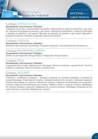 Eixo Tecnológico: 
Produção Industrial 
Catálogo: PETRÓLEO E GÁS 
Denominações Anteriormente Utilizadas: 
Exploração de petróleo. Instrumentação de petróleo. Manutenção na indústria do petróleo e gás natu-ral. 
Operação da produção do petróleo e gás natural. Operação de plataformas e sondas de perfuração 
e produção de petróleo e gás natural. Operação de produção de petróleo e gás natural. Operação e 
produção de petróleo. Produção de petróleo. Química de petróleo. 
Catálogo: PLÁSTICOS 
Denominações Anteriormente Utilizadas: 
Polímeros. Processamento de polímeros. Produção de plásticos. Transformação de termoplásticos. 
Catálogo: PRÉ-IMPRESSÃO GRÁFICA 
Denominações Anteriormente Utilizadas: 
Gráfico em pré-impressão. Design Gráfico e Empresarial. Design Gráfico. 
Catálogo: TÊXTIL 
Denominações Anteriormente Utilizadas: 
Acabamento têxtil. Fiação. Indústria têxtil. Tecelagem. Têxtil em confecção e química têxtil. Têxtil em 
malharia e confecção. Têxtil em malharia e química têxtil. 
Catálogo: VESTUÁRIO 
Denominações Anteriormente Utilizadas: 
Confecção – modelagem. Confecção – produção. Confecção de vestuário/modelagem. Confecção de 
vestuário/produção. Confecção do vestuário. Confecção industrial do vestuário. Confecção industrial. 
Gerência de produção em vestuário. Indústria do vestuário. Industrial com habilitação em confecção e 
vestuário. Industrial com habilitação em vestuário. Malharia. Moda e estudo do vestuário. Modelagem 
de vestuário feminino e masculino. Modelagem de vestuário feminino. Modelagem. Modelista de ves-tuário 
feminino e masculino. Modelista de vestuário. 
23 
 