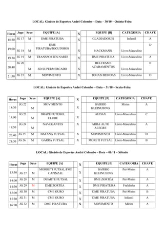 LOCAL: Ginásio de Esportes André Colombo – Data – 30/10 – Quinta-Feira 
Horas Jogo Sexo EQUIPE [A] X EQUIPE [B] CATEGORIA CHAVE 
18:30 JG 17 M DME PIRATUBA X GLADIADORES Infantil A 
LOCAL: Ginásio de Esportes André Colombo – Data – 31/10 – Sexta-Feira 
LOCAL: Ginásio de Esportes André Colombo – Data – 01/11 – Sábado 
19:00 
JG 18 M 
DME 
PIRATUBA/JOGUINHOS 
X 
HACKMANN 
Livre-Masculino 
D 
19:50 JG 19 M TRANSPORTES NARDI X DME PIRATUBA Livre-Masculino A 
20:40 
JG 20 
M 
SD SUPERMERCADO 
X 
BELTRAME 
ACABAMENTOS 
Livre-Masculino 
B 
21:30 JG 21 M MOVIMENTO X JOHAN BEBIDAS Livre-Masculino D 
Horas Jogo Sexo EQUIPE [A] X EQUIPE [B] CATEGORIA CHAVE 
18:30 
JG 22 
M 
MOVIMENTO 
X 
BAIRRO 
KLEINUBING 
Mirim A 
19:00 
JG 23 
M 
DRAPE FUTEBOL 
CLUBE X 
AUDAX Livre-Masculino C 
19:50 
JG 24 
M 
NAVEGANTES 
X 
ADRA ALTO 
ALEGRE 
Livre-Masculino A 
20:40 JG 25 M BAFANA FUTSAL X MOVIMENTO Livre-Masculino D 
21:30 JG 26 M GARRA FUTSAL X MORETI FUTSAL Livre-Masculino B 
Horas Jogo Sexo EQUIPE [A] X EQUIPE [B] CATEGORIA CHAVE 
13:30 JG 27 M 
MORRETI FUTSAL/FME 
CAPINZAL X 
BAIRRO 
KLEINUBING 
Pré-Mirim A 
14:00 JG 28 M DUARTE FUTSAL X DME ZORTÉA Pré-Mirim A 
14:30 JG 29 M DME ZORTÉA X DME PIRATUBA Fraldinha A 
15:00 JG 30 M CME OURO X DME PIRATUBA Pré-Mirim B 
15:30 JG 31 M CME OURO X DME PIRATUBA Infantil A 
16:00 JG 32 M DME PIRATUBA X MOVIMENTO Mirim A 
 