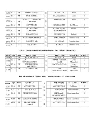 16:30 JG 33 M GARRA FUTSAL X BEIJA-FLOR Mirim B 
17:00 JG 34 M DME ZORTÉA X GLADIADORES Mirim B 
17:30 JG 35 M 
MORRETI FUTSAL/FME 
CAPINZAL X 
MOVIMENTO Mirim A 
18:00 JG 36 M MOVIMENTO X NAVEGANTES Pré-Mirim B 
18:30 JG 37 M 
INCUBATÓRIO 
CAPINZAL X 
CTS/CRAQUES 
TALENTO SHOW 
Infantil B 
19:00 JG 38 M ESPARTANOS X DME ZORTÉA Infantil C 
19:50 JG 39 F MENINAS DE JABORÁ X DME ZORTÉA Feminino-livre A 
20:40 JG 40 F GAROTAS MIL X 100 NOÇÃO Feminino-livre B 
21:30 JG 41 F SE JOGA F.C. X NAPOLI Feminino-livre C 
LOCAL: Ginásio de Esportes André Colombo – Data – 06/11 – Quinta-Feira 
Horas Jogo Sexo EQUIPE [A] X EQUIPE [B] CATEGORIA CHAVE 
19:00 JG 42 M GLADIADORES X BEIJA-FLOR Mirim B 
LOCAL: Ginásio de Esportes André Colombo – Data – 07/11 – Sexta-Feira 
19:30 
JG 43 M J.J.A 
SUPERMERCADO 
X 
DRAPE FUTEBOL 
CLUBE 
Livre- 
Masculino 
C 
20:20 
JG 44 M DME PIRATUBA 
JOGUINHOS 
X 
BAFANA FUTSAL Livre- 
Masculino 
D 
21:10 
JG 45 M GARRA FUTSAL 
X 
SD 
SUPERMERCADO 
Livre- 
Masculino 
B 
Horas Jogo Sexo EQUIPE [A] X EQUIPE [B] CATEGORIA CHAVE 
18:30 JG 46 M NAVEGANTES X MOVIMENTO B Fraldinha B 
19:00 JG 47 F DME ZORTÉA X THE GURIAS Feminino-livre A 
19:40 
JG 48 M MORETI FUTSAL 
X 
BELTRAME 
ACABAMENTOS 
Livre-Masculino B 
20:30 JG 49 M JOHAN BEBIDAS X HACKMANN Livre-Masculino D 
21:20 
JG 50 M TRANSPORTES 
NARDI X 
NAVEGANTES Livre-Masculino A 
 