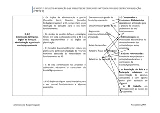 O MODELO DE AUTO-AVALIAÇÃO DAS BIBLIOTECAS ESCOLARES: METODOLOGIAS DE OPERACIONALIZAÇÃO
                   (PARTE II)

                             - Os órgãos de administração e gestão - Documentos de gestão da                  - O Coordenador e
                             (Conselho     Geral,    Director,   Conselho Escola/Agrupamento.                 Professores Bibliotecários
                             Pedagógico) apoiam a BE e empenham-se na                                         reúnem com a Direcção para
                             resolução de soluções para o seu bom - Documentos de gestão da BE.               a procura de soluções
                             funcionamento.                                                                   promotoras do seu
                                                                           - Registos de                      funcionamento.
           D.1.2             - Os órgãos de gestão definem estratégias projectos/actividades de
  Valorização da BE pelos    tendo em vista a articulação entre a BE e os articulação.                        - A Direcção apoia os
    órgãos de direcção,      vários departamentos e os órgãos de                                              Professores Bibliotecários no
 administração e gestão da   planificação.                                                                    desenvolvimento das
   escola/agrupamento                                                      - Actas das reuniões.              actividades por estes
                             - O Conselho Executivo/Director coloca em                                        propostas.
                             prática uma política de afectação de recursos - Relatório Anual de Actividades
                             humanos adequada às necessidades de                                              - A BE está referenciada e
                             funcionamento da BE.                                                             envolve-se em projectos e
                                                                           - Relatórios de avaliação da BE.   actividades educativas e
                                                                                                              curriculares da
                             - A BE está contemplada nos projectos e                                          Escola/Agrupamento.
                             actividades educativas e curriculares da
                             Escola/Agrupamento.                                                              - A Associação de Pais e a
                                                                                                              Autarquia colaboram na
                                                                                                              concretização de algumas
                                                                                                              actividades e com alguma
                             - A BE dispõe de algum apoio financeiro para                                     verba para aquisição de
                             o seu normal funcionamento e algumas                                             material.
                             aquisições.                                                                      - A BE trabalha em
                                                                                                              articulação com as escolas do
                                                                                                              Agrupamento.




António José Roque Salgado                                                                                                Novembro 2009
 