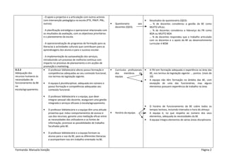 - O apoio a projectos e a articulação com outros actores
                      com intervenção pedagógica na escola (PTE, PNEP, PNL,                                       •   Resultados do questionário (QD3):
                      outros).                                                     •   Questionário         aos       … % de docentes considerou a gestão da BE como
                                                                                       docentes (QD3).                MUITO eficaz;
                      - A planificação estratégica e operacional relacionada com                                      … % de docentes considerou a liderança do PB como
                      os resultados da avaliação, com os objectivos prioritários                                      BOA ou MUITO BOA
                      e o planeamento da escola.                                                                      … % de docentes respondeu que o trabalho articulado
                                                                                                                      com os docentes e o apoio da BE ao desenvolvimento
                      - A operacionalização de programas de formação para as                                          curricular é BOM
                      literacias e actividades culturais que contribuam para as
                      aprendizagens dos alunos e para o sucesso escolar.

                      - A implementação da autoavaliação dos serviços,
                      introduzindo um processo de melhoria contínua com
                      impacto no processo de planeamento e em acções de
                      promoção e marketing.
D.2.2                 • O professor bibliotecário afecto possui formação e         •   Currículos profissionais   •   A PB tem formação adequada e experiência na área das
Adequação dos              competências adequadas ao seu conteúdo funcional,           dos     membros      da        BE, nos termos da legislação vigente: … pontos (mais de
recursos humanos às        nos termos da legislação vigente.                           equipa.                        10)
necessidades de                                                                                                   •   A equipa não têm formação no âmbito das BE, com
funcionamento da BE   •   A equipa é pluridisciplinar, adequada em número e                                           excepção de uma das funcionárias, mas alguns
na                        possui formação e competências adequadas seu                                                elementos possuem experiência de trabalho na área
escola/agrupamento.       conteúdo funcional.

                      •   O professor bibliotecário e a equipa, que deve
                          integrar pessoal não docente, asseguram uma gestão
                          integrada e serviços eficazes à escola/agrupamento.
                                                                                                                  •   O horário de funcionamento da BE cobre todos os
                      •   O professor bibliotecário e a equipa têm uma atitude                                        tempos lectivos, incluindo intervalos e hora do almoço
                          proactiva que: induz comportamentos de acesso e          •   Horário da equipa.         •   A equipa é, no que respeita ao número dos seus
                          uso dos recursos; garante uma mediação eficaz entre                                         elementos, adequada às necessidades da BE
                          as necessidades dos utilizadores e as fontes de                                         •   A equipa integra elementos de várias áreas disciplinares
                          informação; promove as possibilidades de trabalho
                          facultadas pela BE.

                      •   O professor bibliotecário e a equipa formam os
                          alunos para o uso da BE, para as diferentes literacias
                          e acompanham-nos em trabalho orientado na BE.


Formanda: Manuela Varejão                                                                                                                                           Página 2
 
