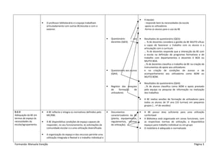 •   A equipa:
                      •   O professor bibliotecário e a equipa trabalham                                                - responde bem às necessidades da escola
                          articuladamente com outras BE/escolas e com o                                                 -apoia os utilizadores
                          exterior.                                                                                     -forma os alunos para o uso da BE


                                                                                      •   Questionário       aos    •   Resultados do questionário (QD3):
                                                                                          docentes (QD3).               … % de docentes considera a gestão da BE MUITO eficaz
                                                                                                                        e capaz de favorecer o trabalho com os alunos e a
                                                                                                                        articulação com o currículo
                                                                                                                        … % de docentes responde que a interacção da BE com
                                                                                                                        a escola na definição de programas formativos e de
                                                                                                                        trabalho com departamentos e docentes é BOA ou
                                                                                                                        MUITO BOA.
                                                                                                                        …% de docentes classifica o trabalho da BE na criação de
                                                                                                                        instrumentos de apoio aos utilizadores
                                                                                      •   Questionário aos alunos       e na criação de condições de acesso e de
                                                                                          (QA4).                        acompanhamento aos utilizadores como BOM ou
                                                                                                                        MUITO BOM.

                                                                                                                    •   Resultados do questionário (QA4):
                                                                                      •   Registos das sessçoes         …% de alunos classifica como BOM o apoio prestado
                                                                                          de      formação   de         pela equipa na pesquisa de informação na realização
                                                                                          utilizadores                  dos trabalhos

                                                                                                                    •   A BE realiza sessões de formação de utilizadores para
                                                                                                                        todos os alunos de 5º ano (10 turmas) em pequenos
                                                                                                                        grupos (… nº de sessões)

D.2.3                 •   A BE reflecte e integra os normativos definidos pelo        •   Documentos                •   A BE possui área suficiente para uma utilização
Adequação da BE em        ME/RBE.                                                         caracterizadores da BE        confortável
termos de espaço às                                                                       (planta, equipamentos,    •   A Biblioteca está organizada em zonas funcionais, com
necessidades da       •   A BE disponibiliza condições de espaço capazes de               regulamentos, normas          as respectivas normas de utilização, e disponibiliza
escola/agrupamento.       responder, no seu funcionamento, às solicitações da             de utilização).               espaços para trabalho individual ou em grupo
                          comunidade escolar e a uma utilização diversificada.                                      •   O mobiliário é adequado e normalizado

                      •   A organização do espaço e dos recursos permite uma
                          utilização integrada e flexível e o trabalho individual e

Formanda: Manuela Varejão                                                                                                                                             Página 3
 