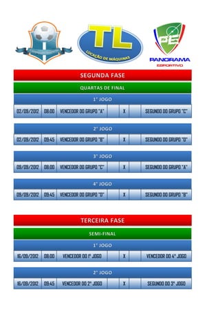02/09/2012 08:00     VENCEDOR DO GRUPO "A"   X   SEGUNDO DO GRUPO "C"




02/09/2012 09:45     VENCEDOR DO GRUPO "B"   X   SEGUNDO DO GRUPO "D"




09/09/2012 08:00     VENCEDOR DO GRUPO "C"   X   SEGUNDO DO GRUPO "A"




09/09/2012 09:45     VENCEDOR DO GRUPO "D"   X   SEGUNDO DO GRUPO "B"




16/09/2012   08:00    VENCEDOR DO 1° JOGO    X   VENCEDOR DO 4° JOGO




16/09/2012   09:45    VENCEDOR DO 2° JOGO    X    SEGUNDO DO 3° JOGO
 
