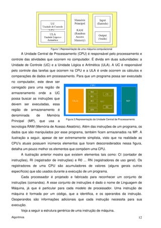 Figura 1.Representação de uma máquina computacional

         A Unidade Central de Processamento (CPU) é responsável pelo processamento e
controle das atividades que ocorrem no computador. É divida em duas subunidades: a
Unidade de Controle (UC) e a Unidade Lógica e Aritmética (ULA). A UC é responsável
pelo controle das tarefas que ocorrem na CPU e a ULA é onde ocorrem os cálculos e
comparações de dados em processamento. Para que um programa possa ser executado
no computador, este deve ser
carregado para uma região de
armazenamento           onde    a    UC
possa buscar as instruções que
devem ser executadas, essa
região    de     armazenamento        é
denominada             de      Memória
                                             Figura 2.Representação da Unidade Central de Processamento
Principal      (MP),    que    usa    a
tecnologia RAM (Memória de Acesso Aleatório). Além das instruções de um programa, os
dados que são manipulados por esse programa, também ficam armazenados na MP. A
ilustração a seguir, apesar de ser extremamente simplista, visto que na realidade as
CPU’s atuais possuem inúmeros elementos que foram desconsiderados nessa figura,
detalha um pouco melhor os elementos que compõem uma CPU.
         A ilustração anterior mostra que existem elementos tais como: CI (contador de
instruções), RI (registrador de instruções) e R0 ... RN (registradores de uso geral). Os
registradores de uma CPU são acumuladores de valores (alguns gerais outros
específicos) que são usados durante a execução de um programa.
         Cada processador é projetado e fabricado para reconhecer um conjunto de
instruções (comandos). A esse conjunto de instruções é dado o nome de Linguagem de
Máquina, já que é particular para cada modelo de processador. Uma instrução de
máquina é formada por um código, que a identifica, e os operandos da instrução.
Osoperandos são informações adicionais que cada instrução necessita para sua
execução.
         Veja a seguir a estrutura genérica de uma instrução de máquina.

Algoritmos                                                                                                12
 