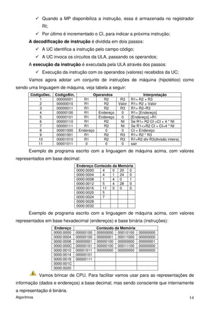 Quando a MP disponibiliza a instrução, essa é armazenada no registrador
              RI;
              Por último é incrementado o CI, para indicar a próxima instrução;
       A decodificação de instrução é dividida em dois passos:
              A UC identifica a instrução pelo campo código;
              A UC invoca os circuitos da ULA, passando os operandos;
       A execução da instrução é executada pela ULA através dos passos:
              Execução da instrução com os operandos (valores) recebidos da UC;
       Vamos agora adotar um conjunto de instruções de máquina (hipotético) como
sendo uma linguagem de máquina, veja tabela a seguir:
        CódigoDec.   CódigoBin.           Operandos                   Interpretação
             1        00000001        R1       R2       R3     R1= R2 + R3
             2        00000010        R1       R2      Valor   R1= R2 + Valor
             3        00000011        R1       R2       R3     R1= R2–R3
             4        00000100        R1    Endereço    0      R1= [Endereço]
             5        00000101        R1    Endereço    0      [Endereço] =R1
             6        00000110        R1       R2       NI     Se R1= R2 CI =CI + 4 * NI
             7        00000111        R1       R2       NI     Se R1<>R2 CI = CI+4 * NI
             8        00001000     Endereço     0       0      CI = Endereço
             9        00001001        R1       R2       R3     R1= R2 * R3
            10        00001010        R1       R2       R3     R1=R2 div R3(divisão inteira)
            11        00001011        0         0        0     sair

       Exemplo de programa escrito com a linguagem de máquina acima, com valores
representados em base decimal:
                                  Endereço Conteúdo da Memória
                                  0000:0000    4    0 20    0
                                  0000:0004    4    1 24    0
                                  0000:0008    1    4 0     1
                                  0000:0012    5    4 28    0
                                  0000:0016    11   0 0     0
                                  0000:0020    5
                                  0000:0024    7
                                  0000:0028
                                  0000:0032

       Exemplo de programa escrito com a linguagem de máquina acima, com valores
representados em base hexadecimal (endereços) e base binária (instruções):
                     Endereço                Conteúdo da Memória
                     0000:0000    00000100   00000000 00010100     00000000
                     0000:0004    00000100   00000001 00011000     00000000
                     0000:0008    00000001   00000100 00000000     00000001
                     0000:000C    00000101   00000100 00011100     00000000
                     0000:0010    00001011   00000000 00000000     00000000
                     0000:0014    00000101
                     0000:0018    00000111
                     0000:001C
                     0000:0020

             Vamos brincar de CPU. Para facilitar vamos usar para as representações de
informação (dados e endereços) a base decimal, mas sendo consciente que internamente
a representação é binária.
Algoritmos                                                                                     14
 